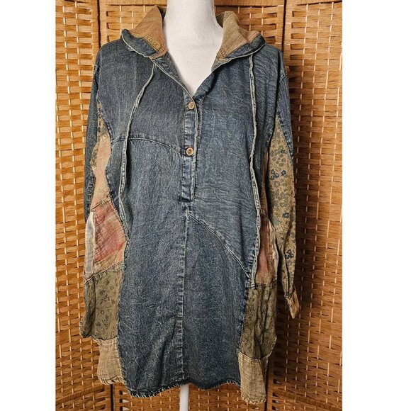 Young Threads Denim Patchwork Hoodie Top M NWT - Picture 5 of 6